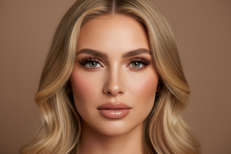 A beautiful blonde hair women with eyelash extensions on a neutral brownish background