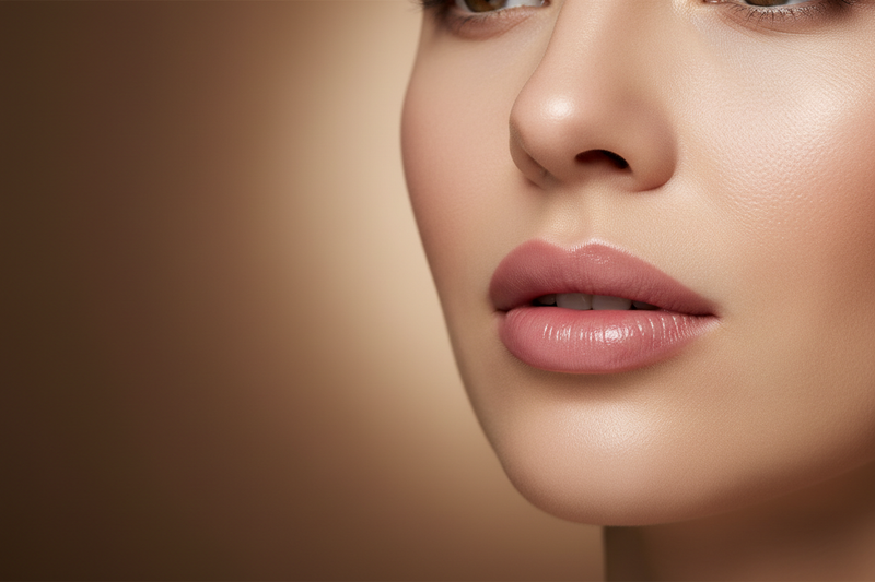 a beautiful women with lip blush tattoo on a brownish background