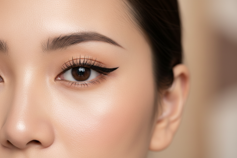 beautiful asian women with eyeliner tattoo and a more neutral brownish background